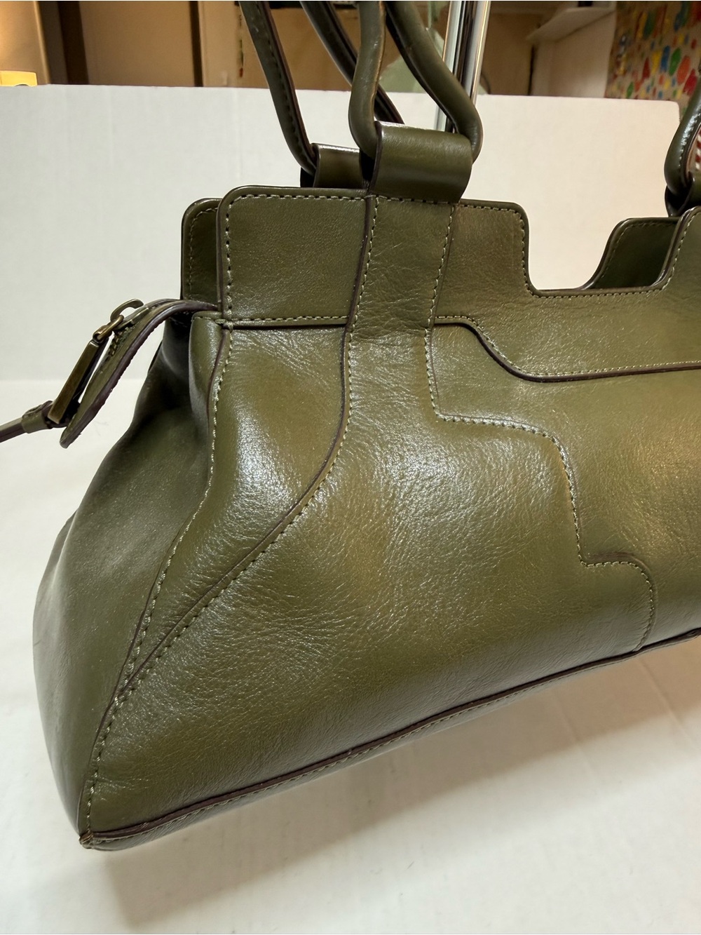 Vintage Hobo International Olive Green Leather Bag Structured Satchel Purse - Picture 4 of 16